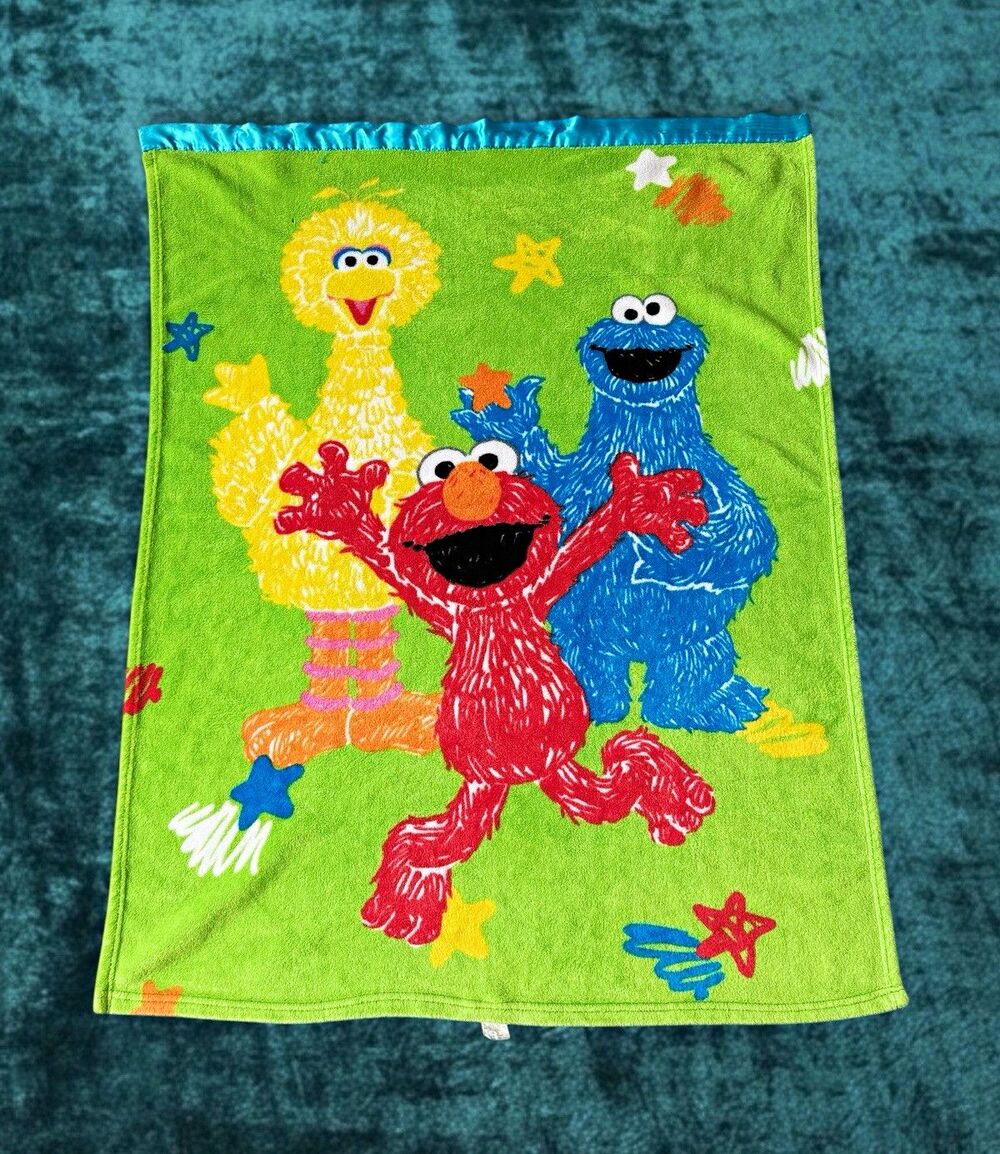 Vintage Sesame Street Elmo Big Bird Cookie Monster Green Fleece Blanket